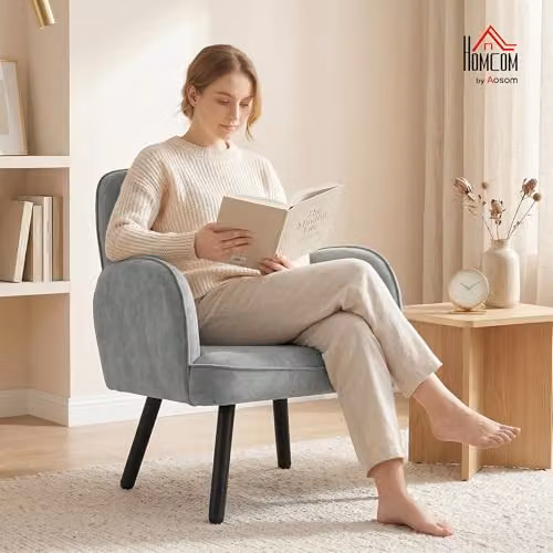 HOMCOM Modern Velvet Upholstered Lounge Chair in Grey – 2