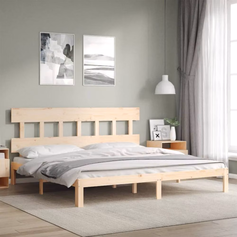 Berkfield Home Solid Pine Bed Frame with Headboard in Beige, W/D/H: 200 x 200 cm – 2