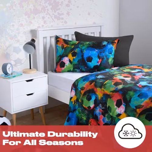 OHS Reversible Neon Football Single Duvet Cover and Pillowcase Set, Black, Multicolour, W/D/H: 135 x 200 cm and 50 x 75 cm – 2