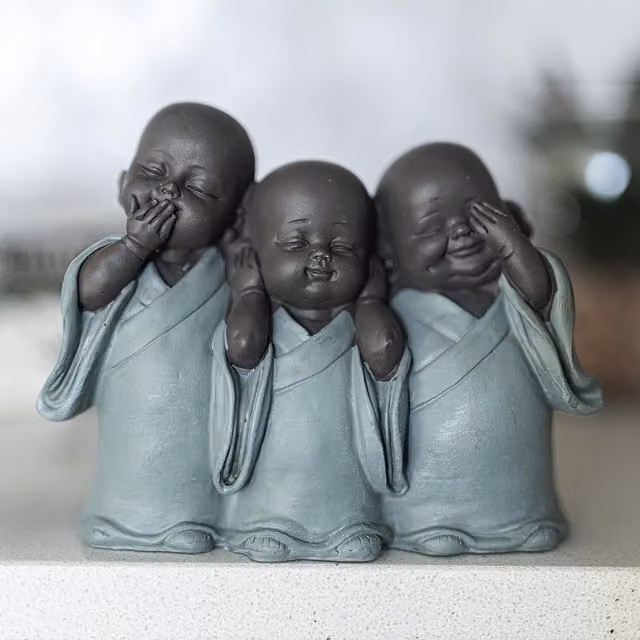 Marco Paul Turquoise Ceramic Buddha Hear Speak See No Evil Oriental Tabletop Ornament Figurine