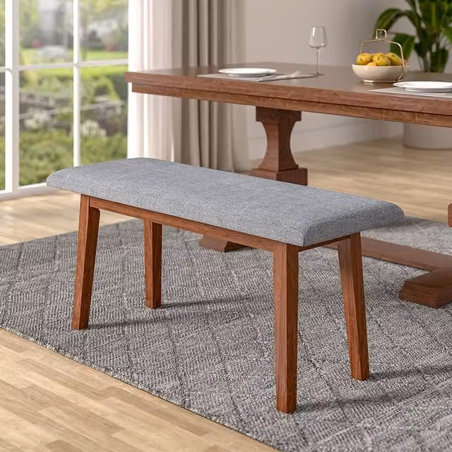 Livingandhome Mid-Century Fabric Upholstered Wooden Dining Bench in Grey