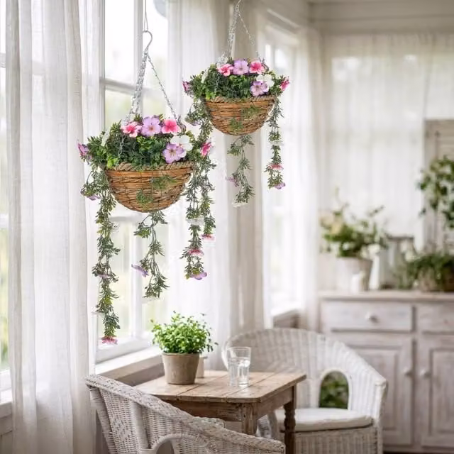 STILVORA Set of 2 Pink Multicolour Artificial Hanging Baskets with Silk Azalea Flowers