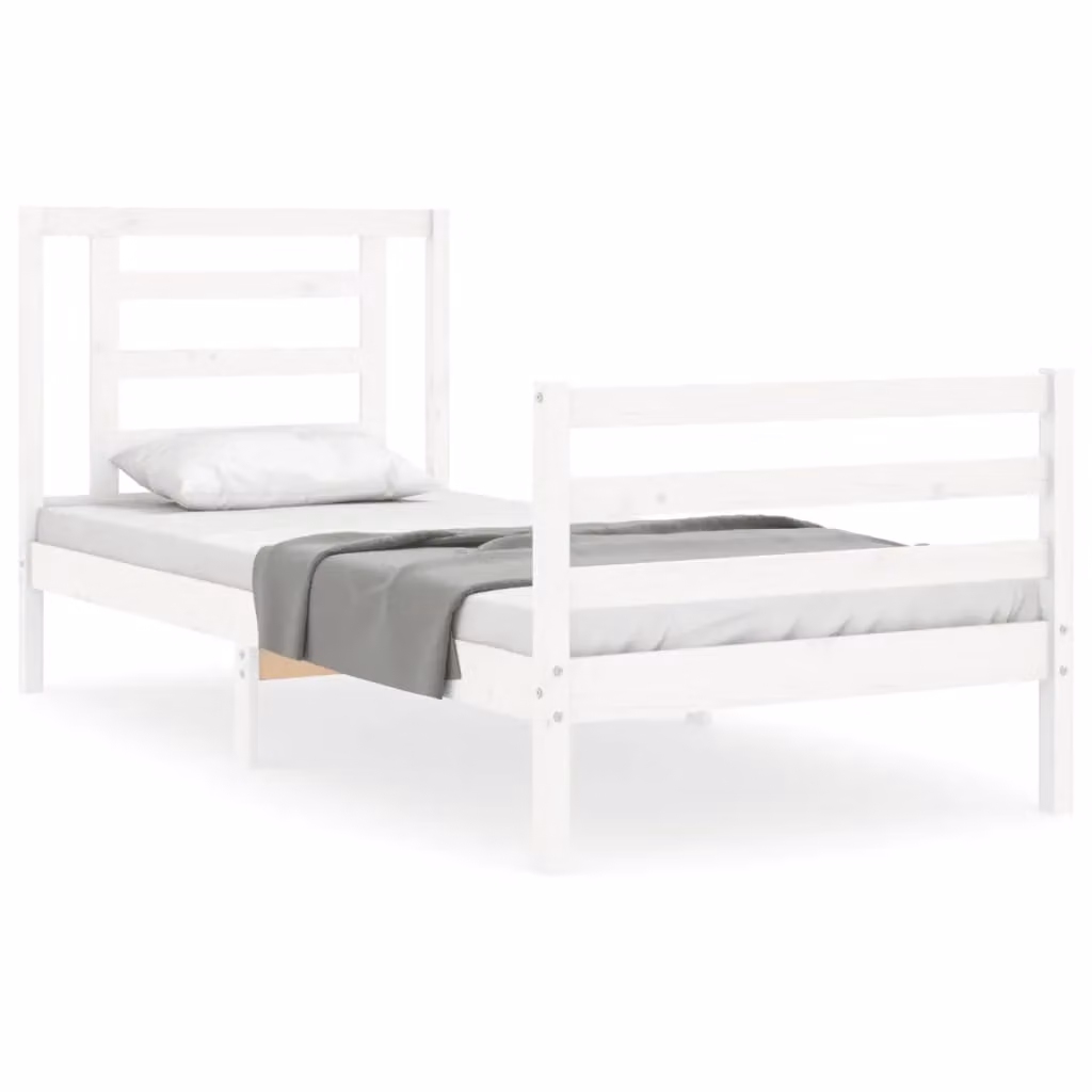 Berkfield Home White Solid Pine Wood Bed Frame with Headboard W/D/H: 90 x 200 cm – 2
