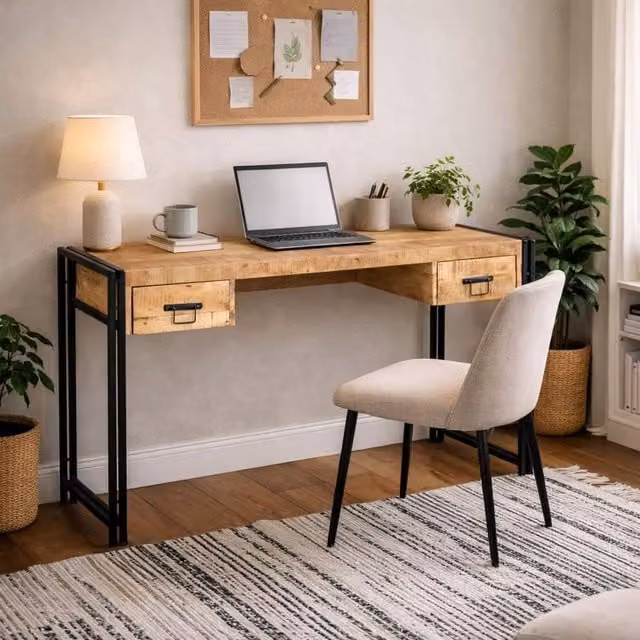 Wyld Haus Toivakka Reclaimed Wood and Metal Writing Desk with 2 Drawers, Brown, W: 120 cm, D: 60 cm, H: 75 cm – 1