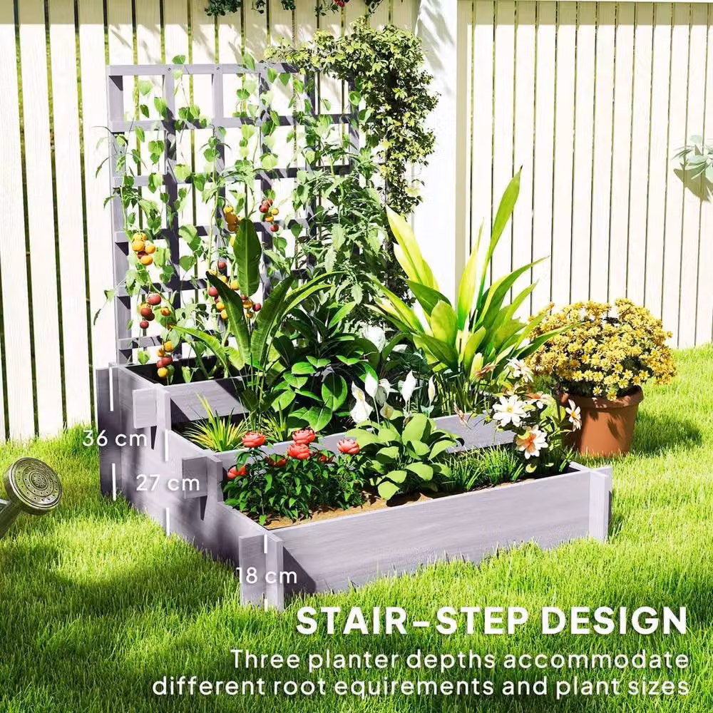 KORVIXA 3 Tier Wooden Garden Planter with Trellis in Grey – 3