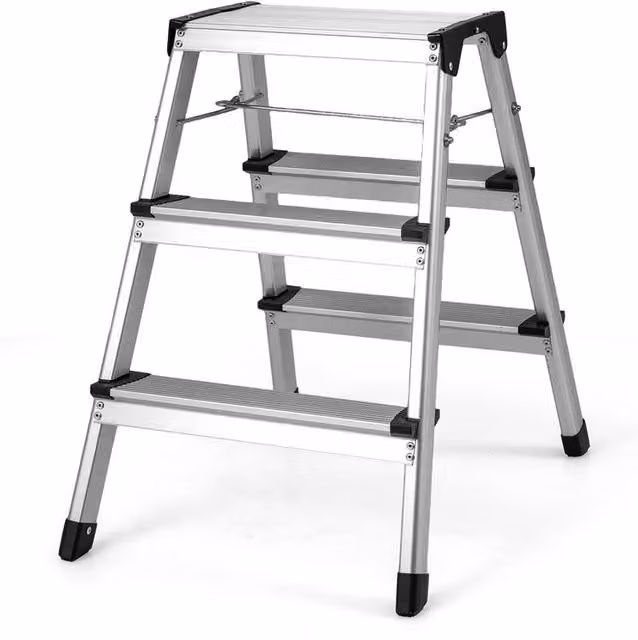 Gymax 3-Step Dual-Sided Aluminium Folding Step Ladder with Wide Anti-Slip Pedals in Silver – 1