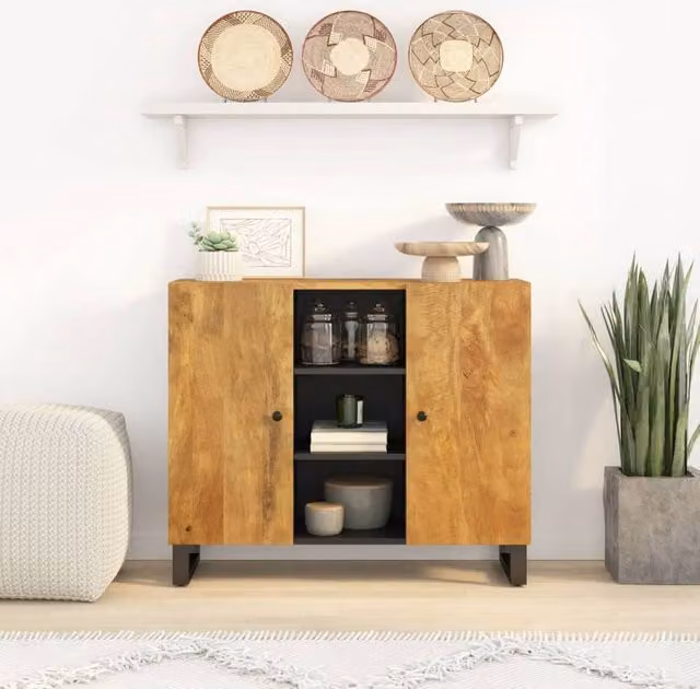 Berkfield Home Classic Mango Wood Sideboard with 2 Doors in Brown, W/D/H: 90 x 33 x 75 cm – 1