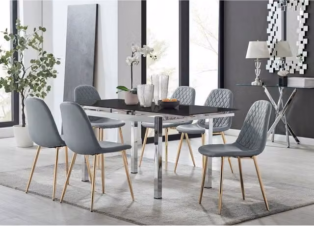 FurnitureboxUK Enna Black Glass Extending Dining Table and 6 Corona Gold Leg Chairs in Grey