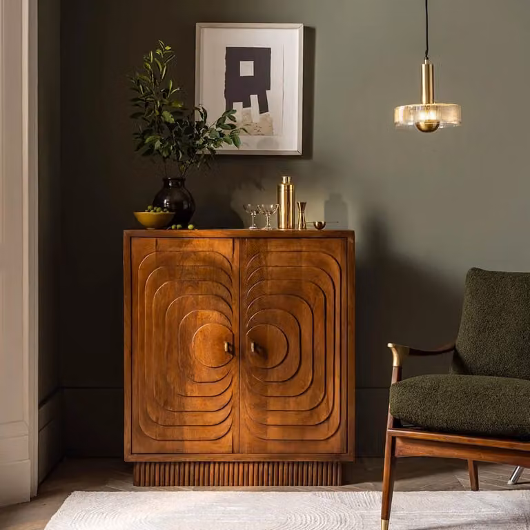 Atkin and Thyme Loki Mango Wood Drinks Cabinet in Brown with Mirror Doors and Bottle Rack, W/D/H: 101.5 x 44 x 91 cm