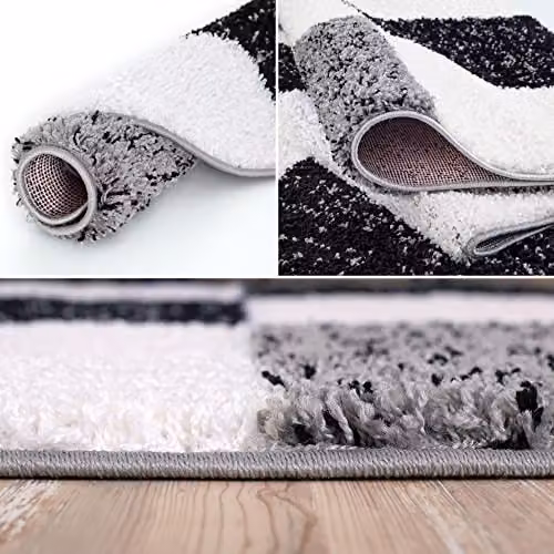THE RUGS Modern Grey Checked Round Shaggy Area Rug, Diameter: 120 cm – 5