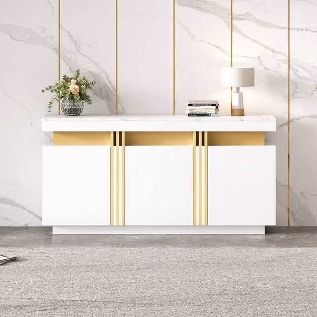 Rolipo Modern White and Gold Sideboard with Soft Close Drawers, Width: 140 cm