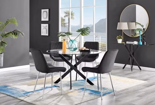 FurnitureboxUK Novara Round Glass Dining Table with 4 Pesaro Silver Chairs, Black and Silver