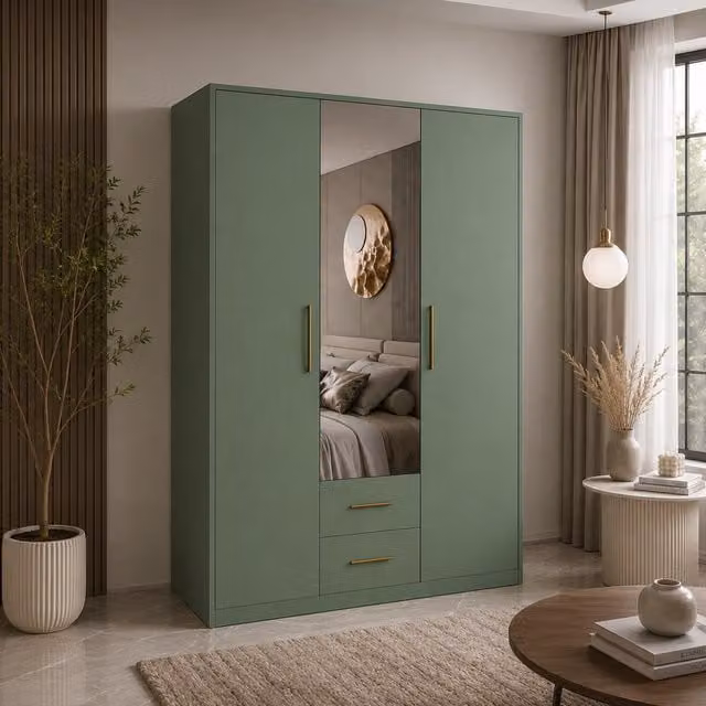 Swindon Modern 3 Door Wardrobe in Matt Dark Green with Mirror and Integrated Drawers, Width: 120 cm