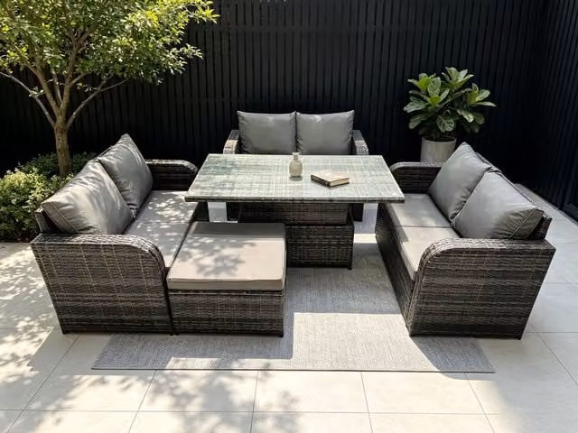 Fimous 3 Piece Rattan Garden Furniture Set with Height Adjustable Dining Table and Large Footstool in Dark Grey – 1