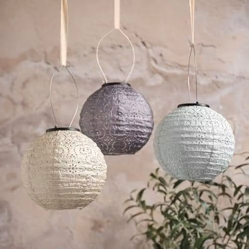 Lights4fun Set of 3 Scandi Tyvek Solar Lanterns with Warm White LEDs in Purple, Blue and White – 2