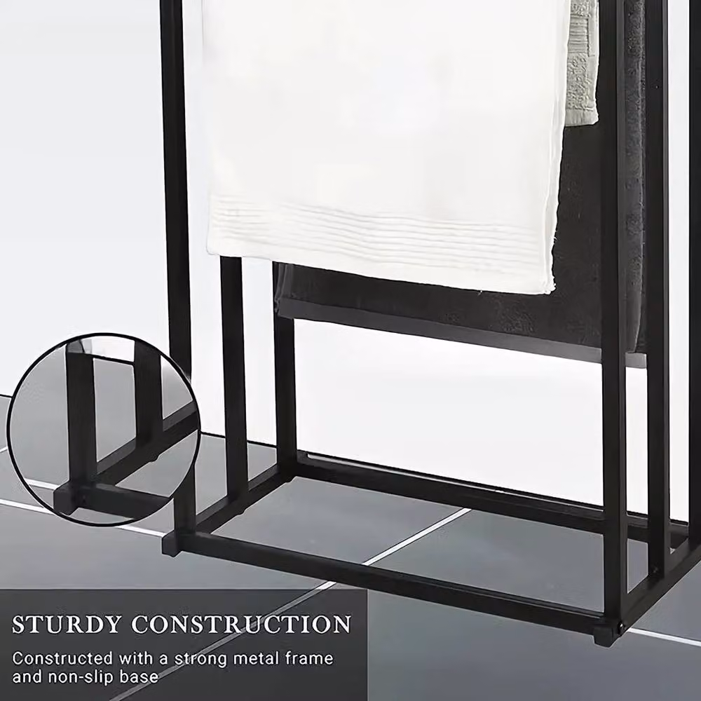 VOGREX Black 3 Tier Freestanding Metal Towel Drying Rail Storage Rack, H 86.0 x W 44.0 x D 21.0 cm – 3