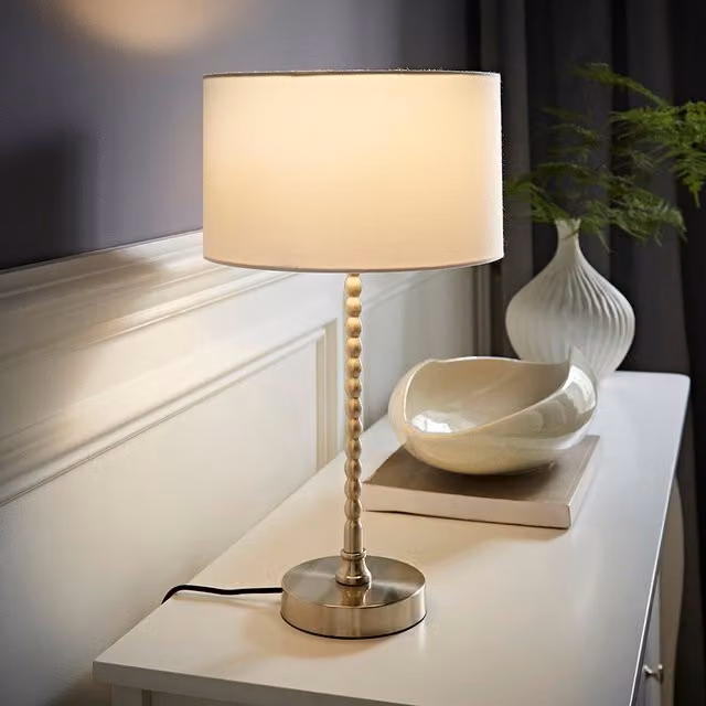 Maeve Brushed Chrome Bobble Table Lamp with White and Grey Fabric Drum Shade