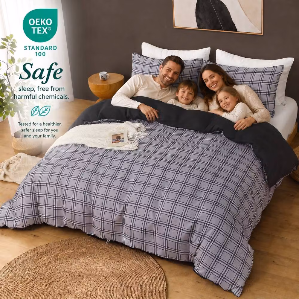 Lazzaro Home Honey Checkered Duvet Cover Set in Grey, Super King, Brushed Microfibre – 4