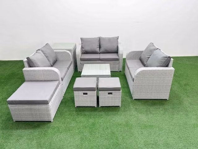 Fimous 9 Seater PE Wicker Rattan Garden Furniture Set in Light Grey with Square Coffee Table, 2 Seater Sofa, and 3 Stools