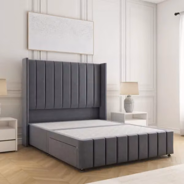 BSSPOKE Zoe Divan Bed with 54 inch Headboard and 2 Drawers in Grey Plush Velvet, W/D/H: 180 x 200 cm