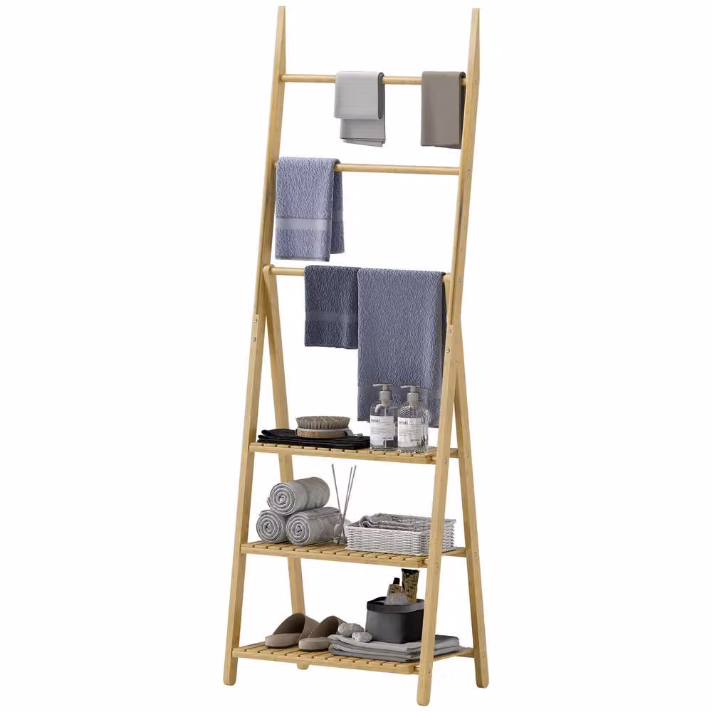STILVORA Freestanding Bamboo Ladder Bathroom Shelf with Hanging Rods in Brown and Beige, H 153.0 cm x W 53.5 cm – 3