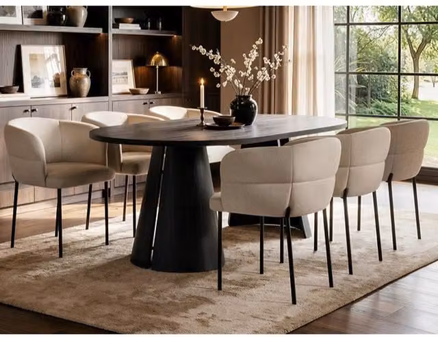 Solace+Co Ebony Black Extendable Oval Dining Table with 6 Beige Elise Chairs