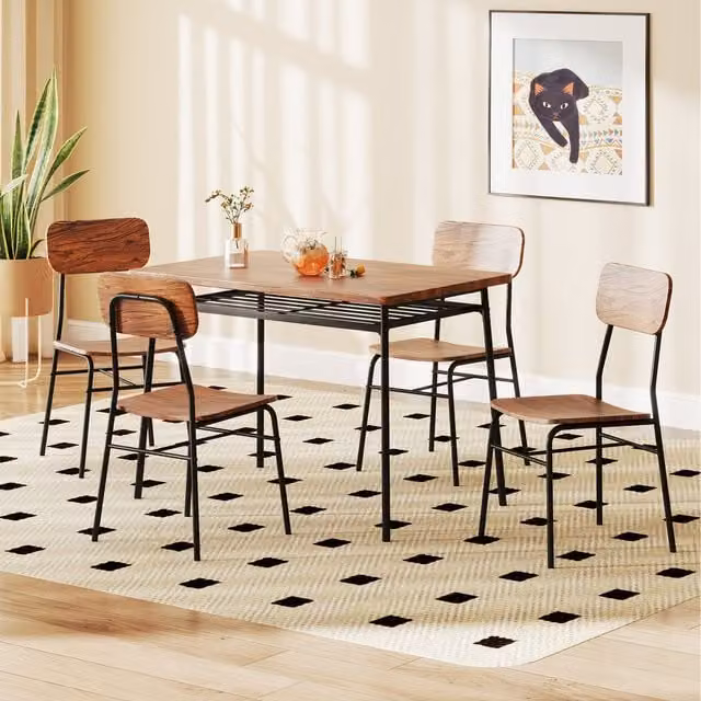 Costway 5-Piece Industrial Rectangular Dining Table and Chair Set in Brown