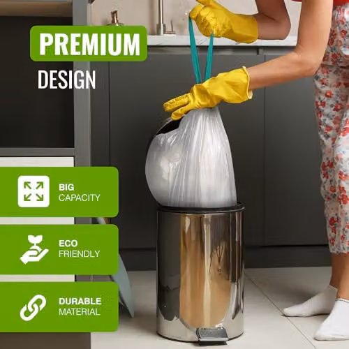EcoBag 40 Pack White Heavy Duty Kitchen Drawstring Bin Liners, 20L, 24 Microns, W: 42.1 cm, H: 76 cm – 3