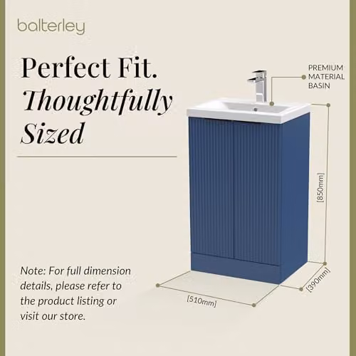 Balterley Blue Floor Standing Bathroom Vanity Unit with Basin and Fluted Front Doors, W/D/H: 51.0 x 39.0 x 85.0 cm – 2