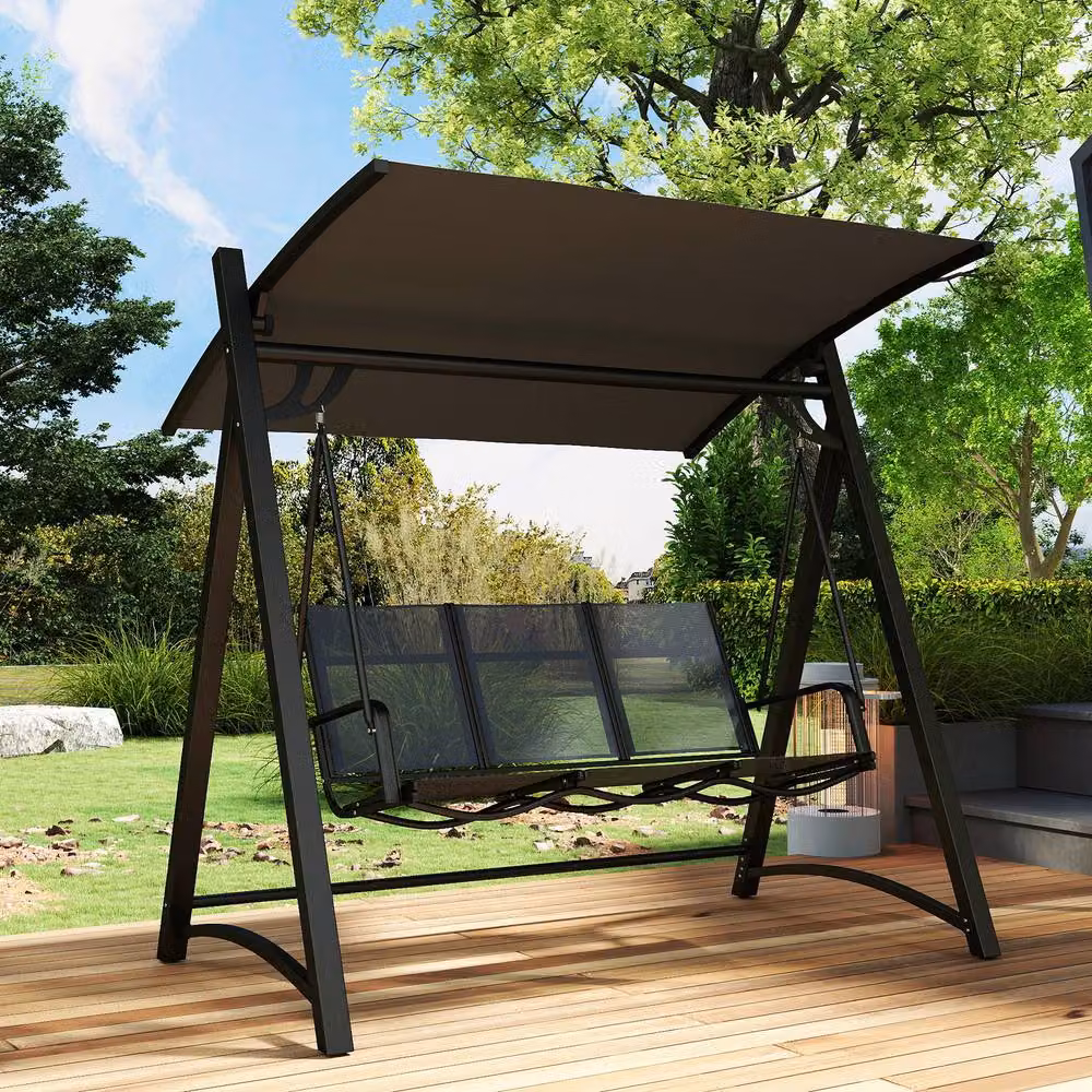 STILVORA 3 Seater Grey Garden Swing Chair with Adjustable Sun Canopy and Powder Coated Steel Frame – 9