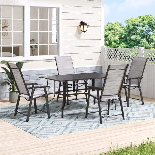 Komore Modern Rectangular Metal Coffee Table and 4 Folding Chairs Set in Matt Black