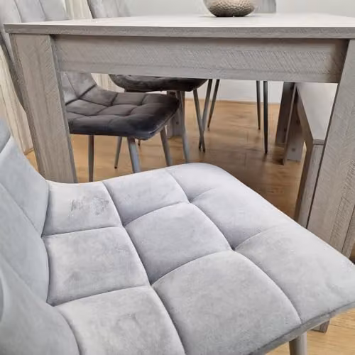 KOSY KOALA Modern 6 Seater Dining Set with Rectangular Light Grey Table, 4 Grey Velvet Chairs and 1 Bench, W/D/H: 140 x 80 x 75 cm – 2