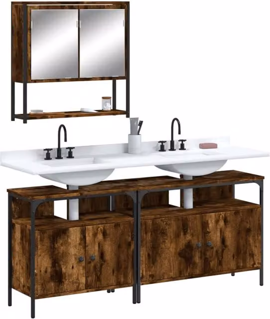 Berkfield Home 3 Piece Industrial Bathroom Furniture Set in Smoked Oak Brown – 1