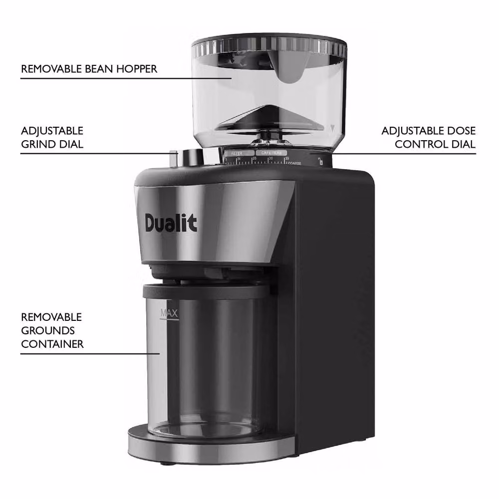 Dualit Burr Coffee Grinder with Stainless Steel Conical Burrs and 35 Settings in Silver – 7