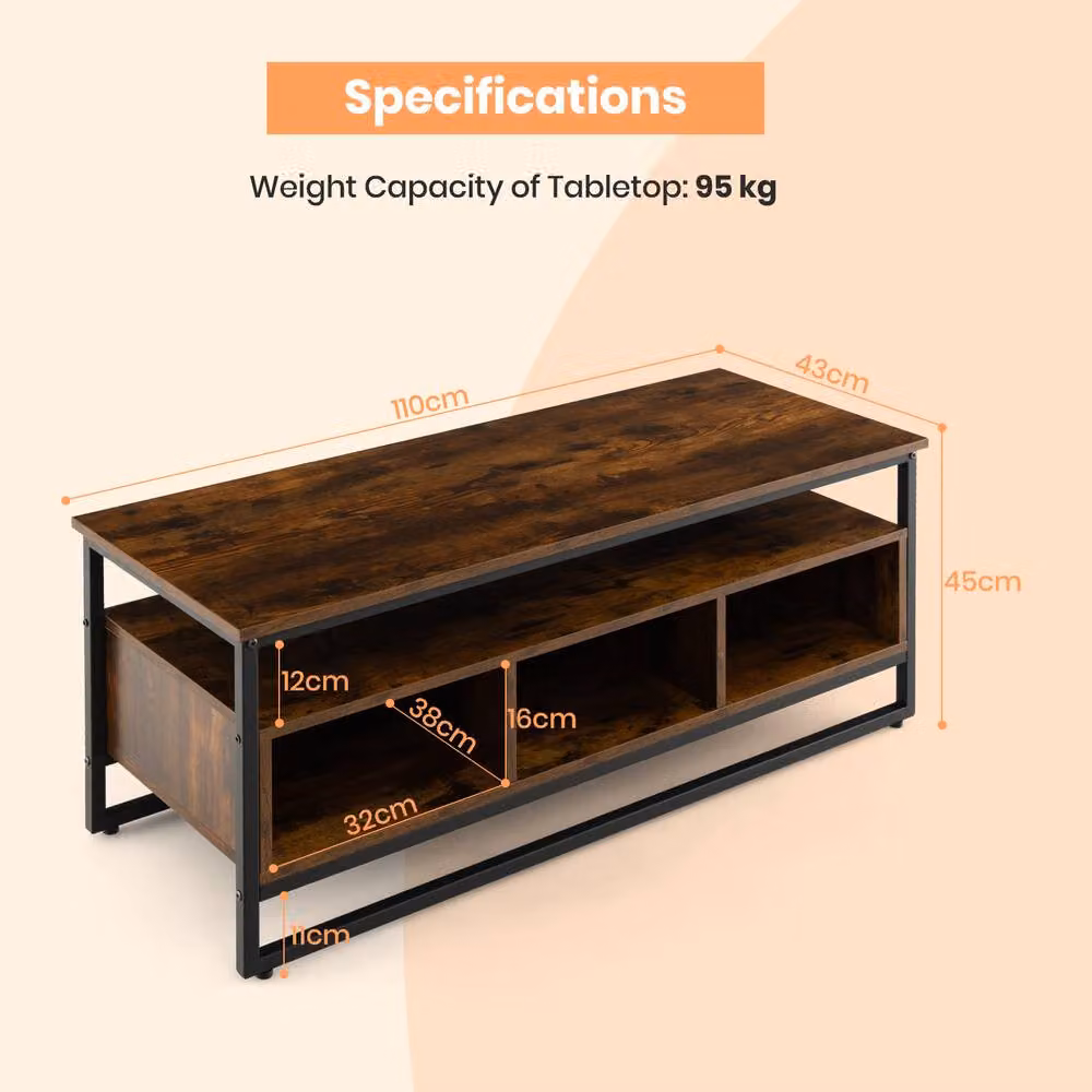 Gymax Industrial Coffee Table and TV Stand with 3 Cubbies, Brown Wood and Metal Frame – 4
