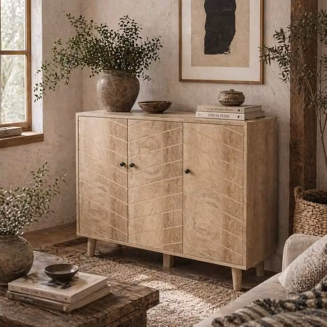 Wyld Haus Lurodo 3 Door Sideboard in Natural Wood Effect with Chevron Doors, W/D/H: 120 x 40 x 76 cm