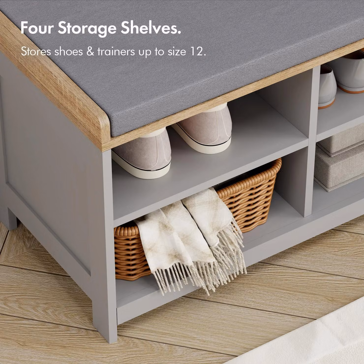 VonHaus Hallway Organiser Shoe Storage Bench with Seat in Grey, W/D/H: 80 x 38 x 45 cm – 4