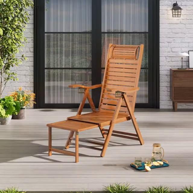 Breeins Brown Bamboo Foldable Recliner with Retractable Footrest and Armrests