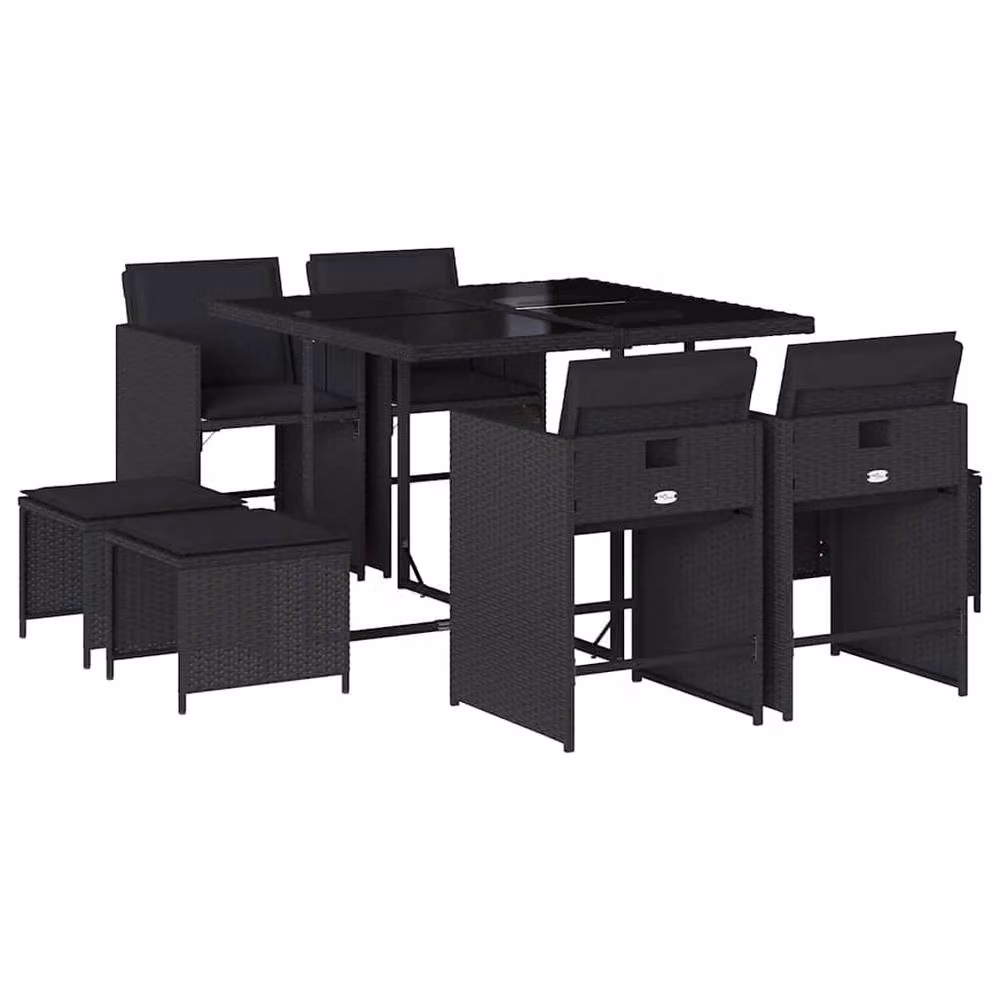 Berkfield Home 9 Piece Black Poly Rattan Garden Dining Set with Cushions – 2