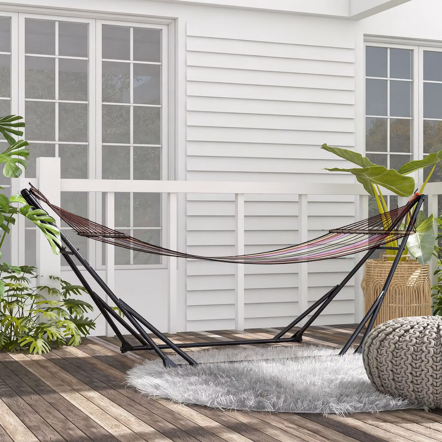 Outsunny Foldable 2-in-1 Hammock and Chair Stand with Black Metal Frame, 120kg Load Capacity – 6
