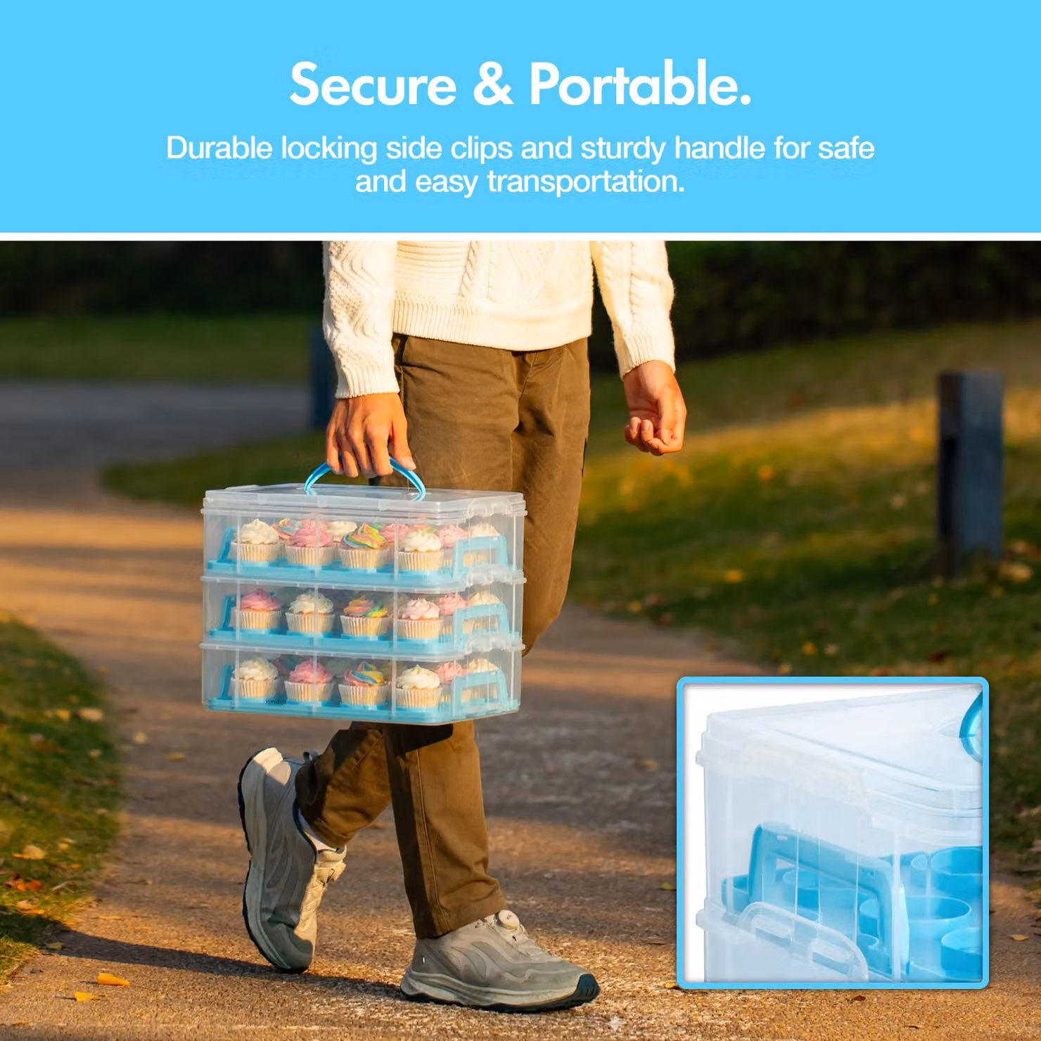 VonShef Three Tier Blue Muffin and Cupcake Carrier with Handle, Stackable 36 Capacity BPA-Free Plastic Container with Airtight Snap Lid – 2