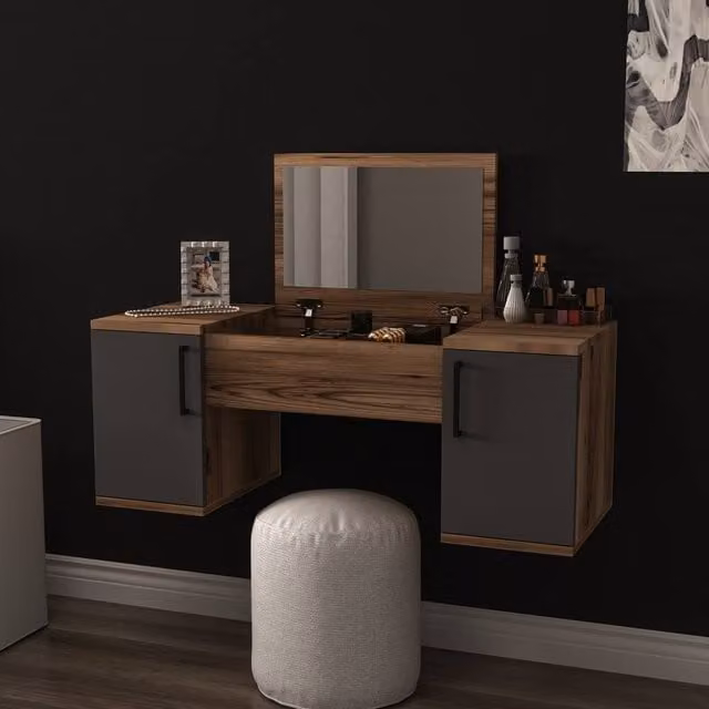 Destina Home Marie Wall-Mounted Makeup Table with Mirror, Shelves and Cabinets, Light Brown, W: 100 cm, D: 38.6 cm, H: 35.5 cm