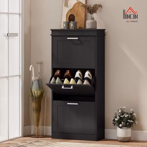 HOMCOM Slim Black Shoe Storage Cabinet with 3 Tilting Compartments and Internal Shelves, H 117.5 x W 54 x D 24 cm