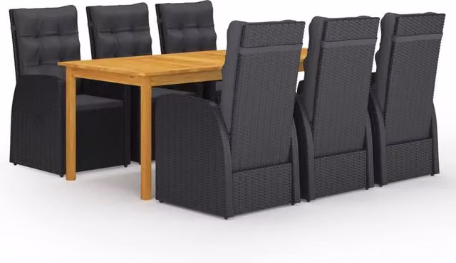 Berkfield Home 7 Piece Acacia Wood Garden Dining Set with Black Poly Rattan and Cushions