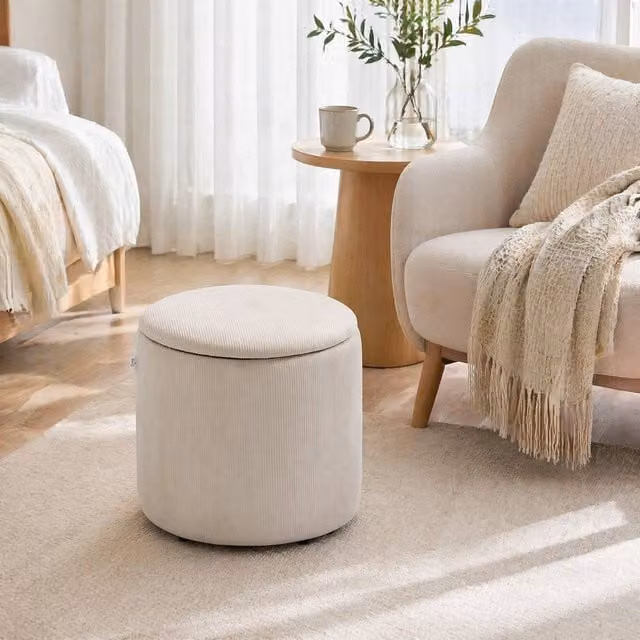 STILVORA Set of 2 Cylindrical Upholstered Storage Ottomans with Removable Lids in Beige – 1