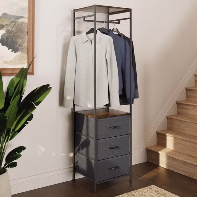 FWStyle Industrial 3 Drawer Storage Unit with Hanging Rail in Brown and Black – 1