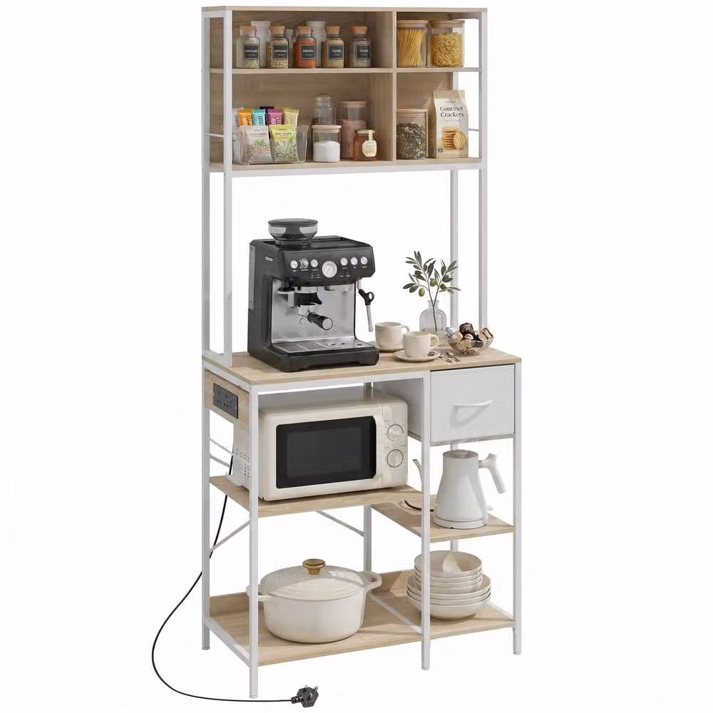 HOMCOM Kitchen Baker's Rack Microwave Stand with Integrated Lighting in White and Beige, W/D/H: 80 x 40 x 181 cm – 2