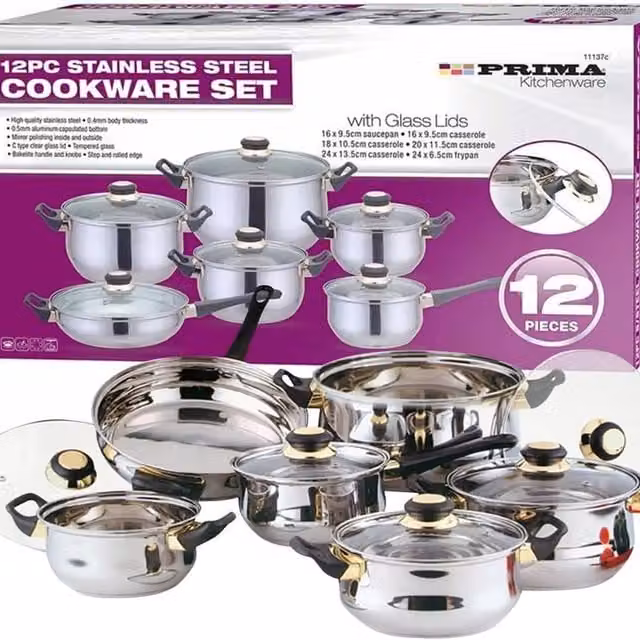 PRIMA Kitchen 12 Piece Stainless Steel Cookware Set with Glass Lids in Silver