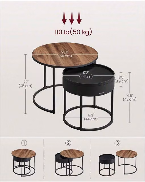 VASAGLE Modern Round Nesting Coffee Tables with Hidden Storage in Gold and Brown