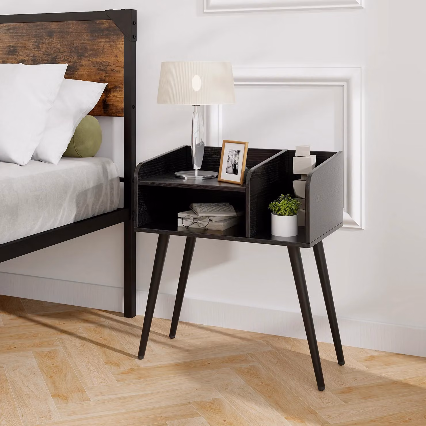 Gymax Modern Mid-Century Black 2-Tier Bedside Table with Open Shelves – 2
